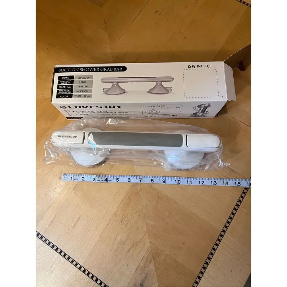 New in Box! Loresjoy White Gray Suction Shower Grab Bar